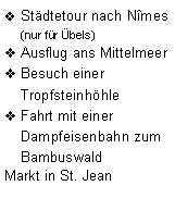 Textfeld: Stdtetour nach Nmes (nur fr bels)Ausflug ans MittelmeerBesuch einer TropfsteinhhleFahrt mit einer Dampfeisenbahn zum Bambuswald Markt in St. Jean 