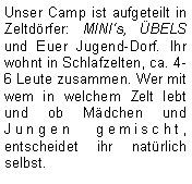 Textfeld: Unser Camp ist aufgeteilt in  Zeltdörfer: MINIs, ÜBELS und Euer Jugend-Dorf. Ihr wohnt in Schlafzelten, ca. 4-6 Leute zusammen. Wer mit wem in welchem Zelt lebt und ob Mädchen und Jungen gemischt, entscheidet ihr natürlich selbst.