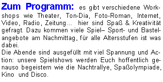Textfeld: Zum Programm: es gibt verschiedene Workshops wie Theater, Ton-Dia, Foto-Roman, Internet, Video, Radio, Zeitung...  hier sind Spa� & Kreativit�t gefragt. Dazu kommen viele Spiel� Sport- und Bastelangebote am Nachmittag, f�r alle Altersstufen ist was dabei.Die Abende sind ausgef�llt mit viel Spannung und Action: unsere Spielshows werden Euch hoffentlich genauso begeistern wie die Nachtrallye, Spa�olympiade, Kino  und Disco.