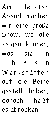 Textfeld: Am letzten Abend machen wir eine große Show, wo alle zeigen können, was sie in ihren Werkstätten auf die Beine gestellt haben, danach heißt es abrocken! 
