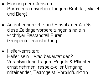 Textfeld: Planung der nächsten Sommercampvorbereitungen (Brohltal, Mialet und Berg)Aufgabenbereiche und Einsatz der AjuGs:
diese Zeltlagervorbereitungen sind ein wichtiger Bestandteil Eurer Gruppenleiterausbildung
Helferverhalten:
Helfer sein -  was bedeutet das?
Verantwortung tragen, Regeln & Pflichten ernst nehmen, respektvoller Umgang miteinander, Teamgeist, Vorbildfunktion .....
